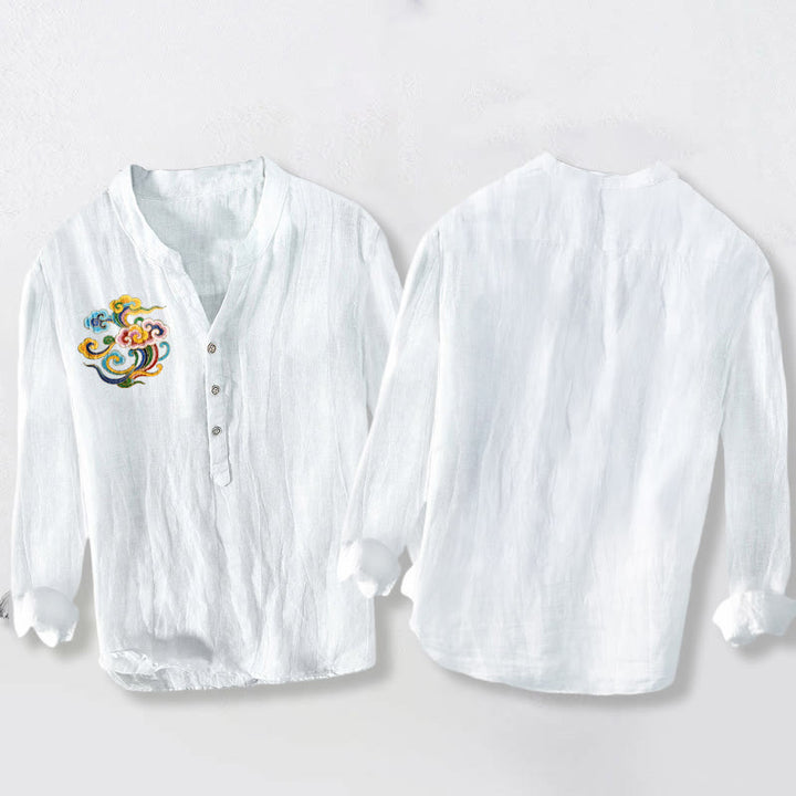 Koszula męska z długim rękawem z bawełny i lnu, z kolorowymi, pomyślnymi chmurami i Buddha Stones - image 8