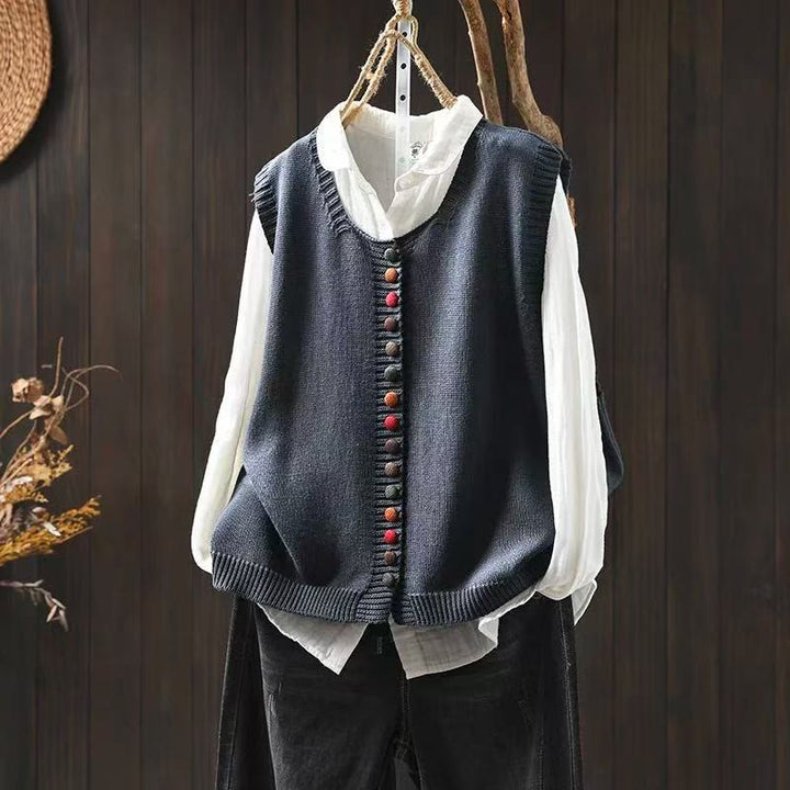 Kamizelka damska bez rękawów z dzianiny bawełnianej z kolorowymi guzikami i Buddha Stones - Łupkowoszary - US4-6, UK/AU8-10, EU36-38 (F) - image 9
