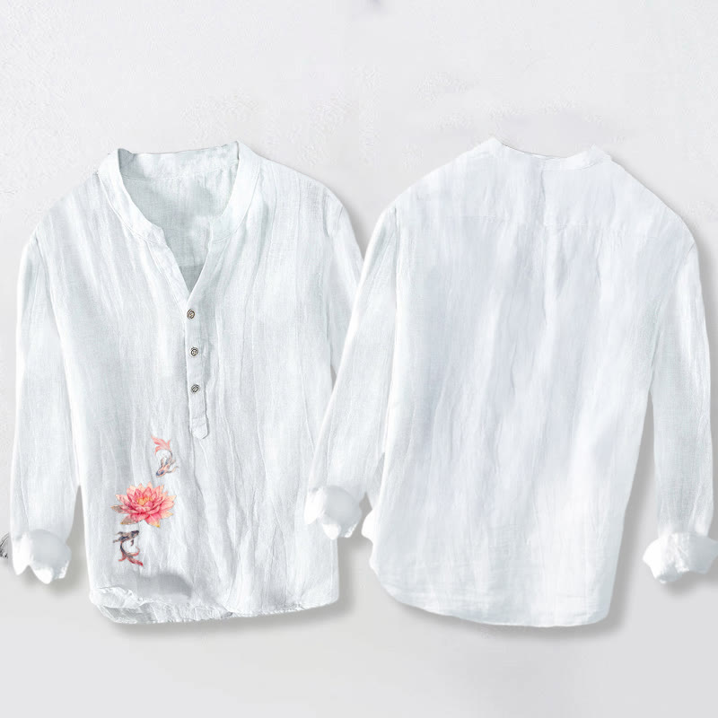 Koszula męska z długim rękawem z bawełny i lnu, z miękkimi, kolorowymi guzikami i wzorem ryby koi w Buddha Stones - image 8