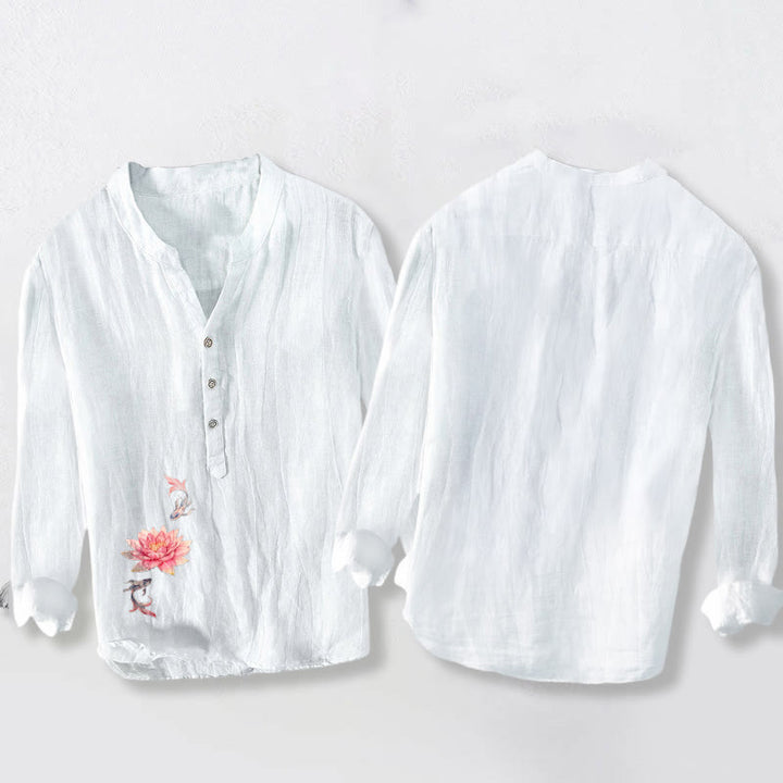 Koszula męska z długim rękawem z bawełny i lnu, z miękkimi, kolorowymi guzikami i wzorem ryby koi w Buddha Stones - image 8