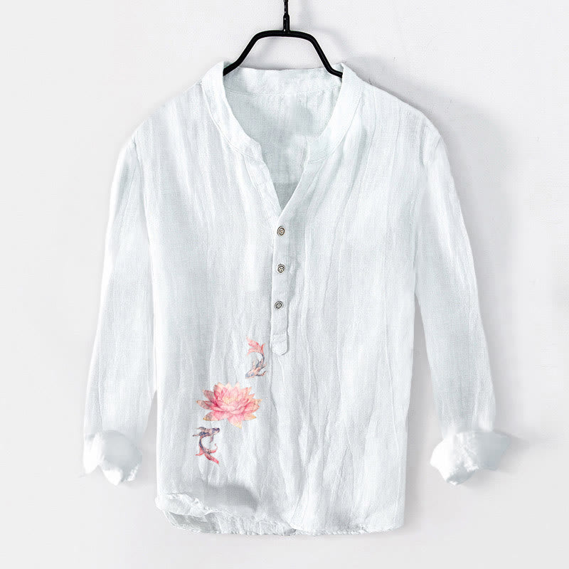 Koszula męska z długim rękawem z bawełny i lnu, z miękkimi, kolorowymi guzikami i wzorem ryby koi w Buddha Stones - Biały - US/UK/AU50, EU60 (5XL) - image 6