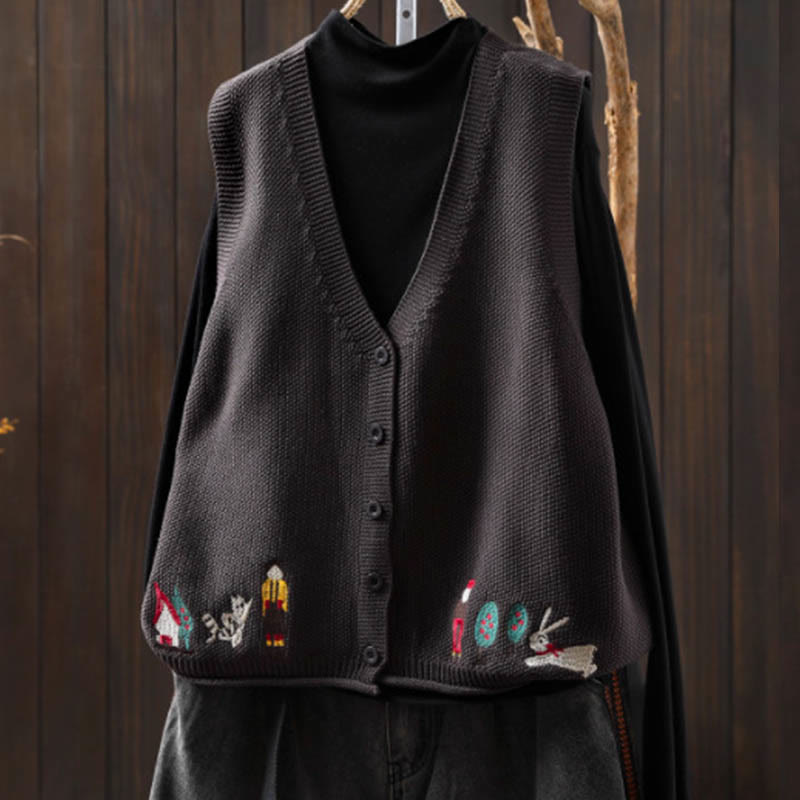 Kamizelka damska bez rękawów z dzianiny bawełnianej z haftowanymi guzikami w kształcie Buddha Stones i drzewa królika - Szary - US4-6, UK/AU8-10, EU36-38 (F) - image 18
