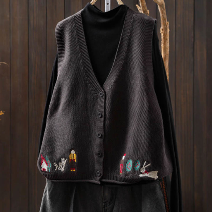 Kamizelka damska bez rękawów z dzianiny bawełnianej z haftowanymi guzikami w kształcie Buddha Stones i drzewa królika - Szary - US4-6, UK/AU8-10, EU36-38 (F) - image 18