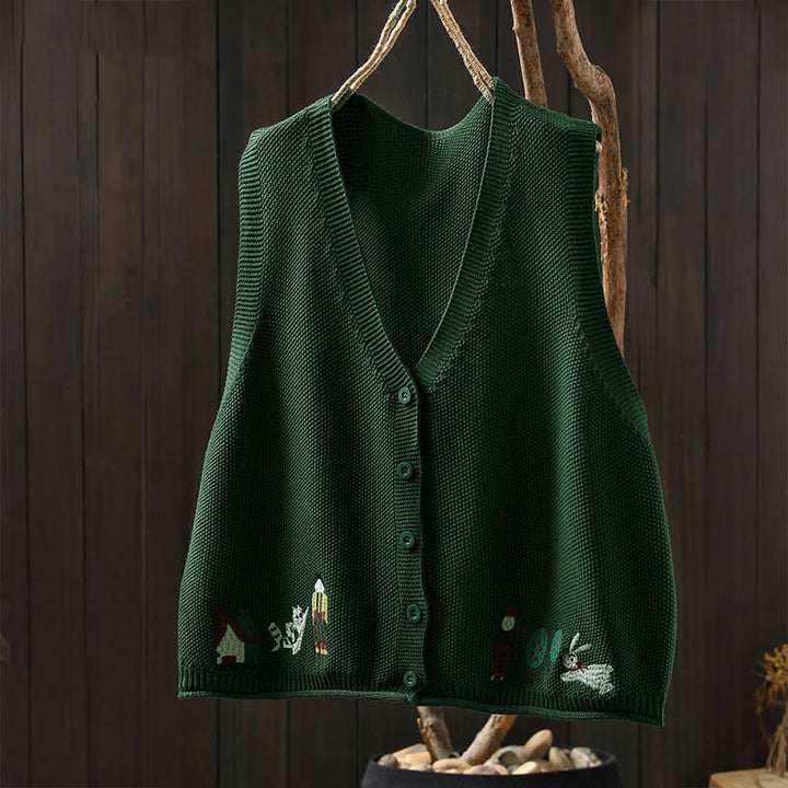 Kamizelka damska bez rękawów z dzianiny bawełnianej z haftowanymi guzikami w kształcie Buddha Stones i drzewa królika - image 3