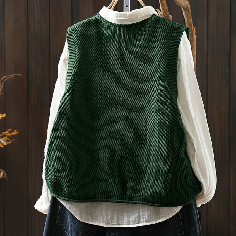 Kamizelka damska bez rękawów z dzianiny bawełnianej z haftowanymi guzikami w kształcie Buddha Stones i drzewa królika - image 4