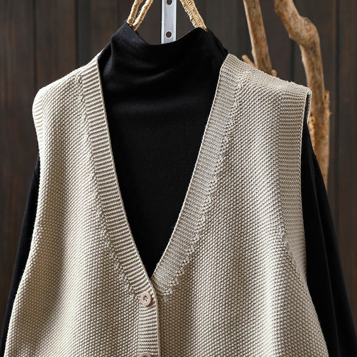 Kamizelka damska bez rękawów z dzianiny bawełnianej z haftowanymi guzikami w kształcie Buddha Stones i drzewa królika - image 1