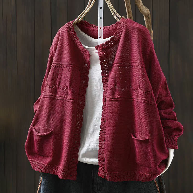Sweter kardigan z długim rękawem i kieszeniami z dzianiny Buddha Stones Fall Lace Buttons Cotton - IndianRed - US4-6, UK/AU8-10, EU36-38 (F) - image 0