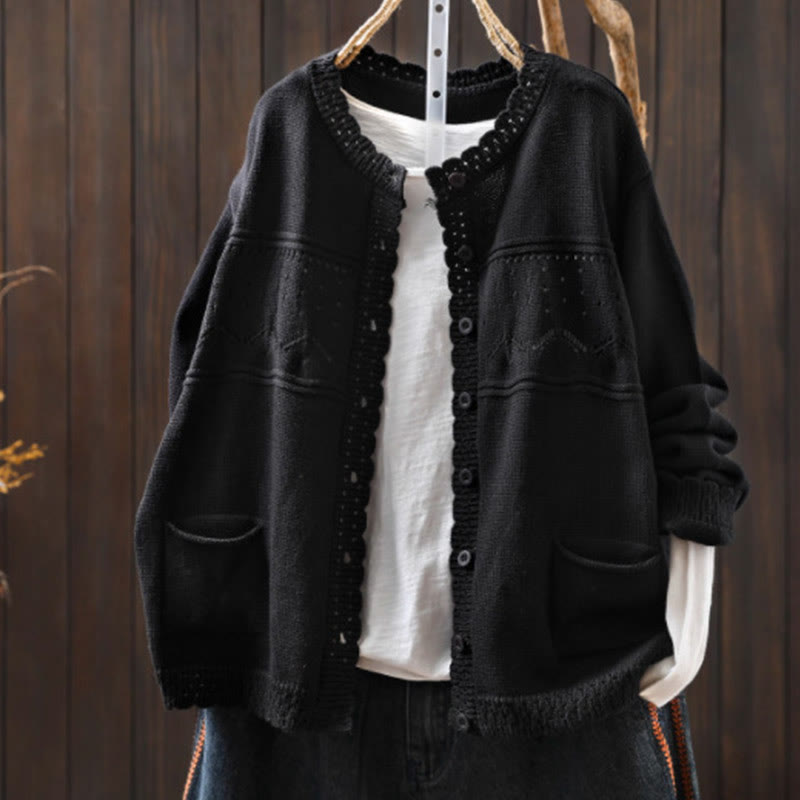 Sweter kardigan z długim rękawem i kieszeniami z dzianiny Buddha Stones Fall Lace Buttons Cotton - Czarny - US4-6, UK/AU8-10, EU36-38 (F) - image 23