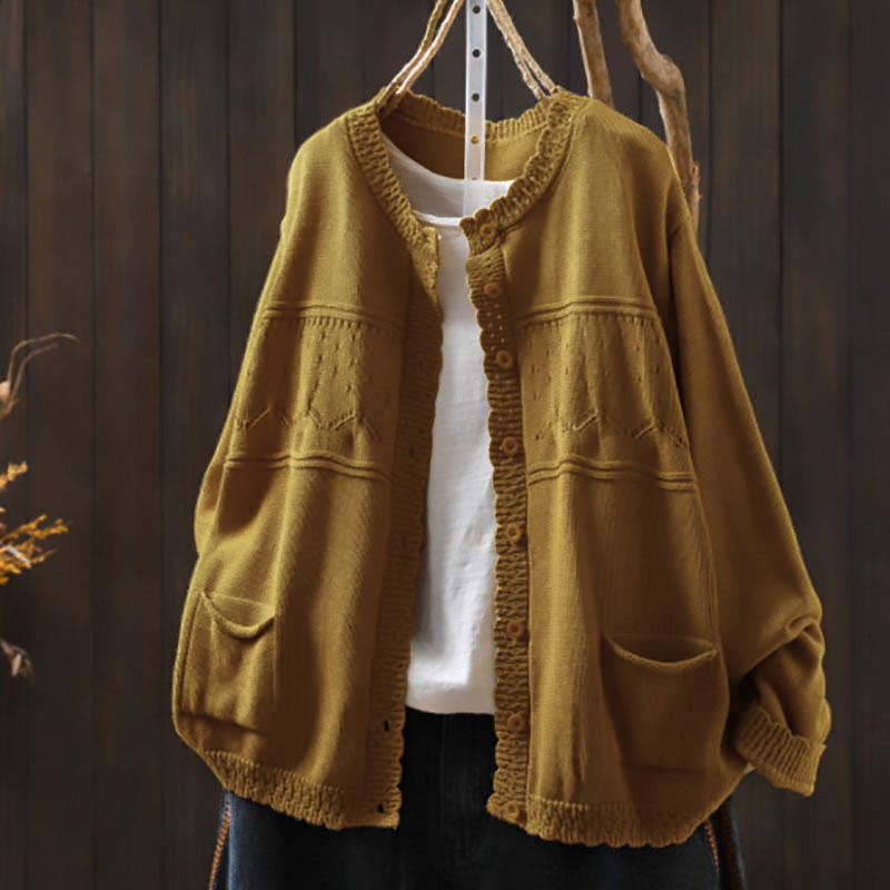 Sweter kardigan z długim rękawem i kieszeniami z dzianiny Buddha Stones Fall Lace Buttons Cotton - Nawłoć - US4-6, UK/AU8-10, EU36-38 (F) - image 16