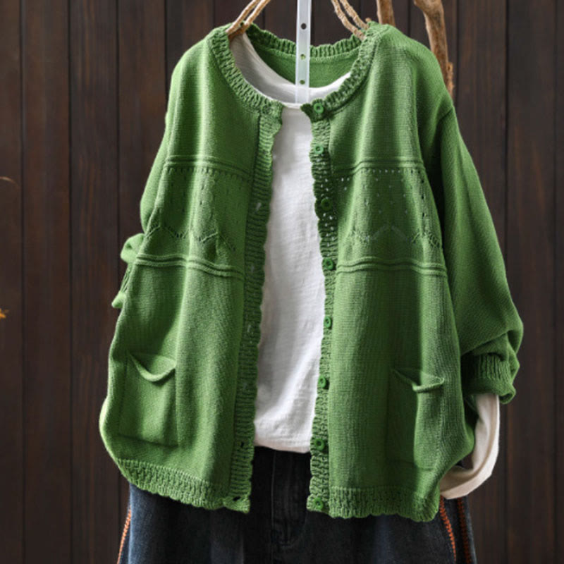Sweter kardigan z długim rękawem i kieszeniami z dzianiny Buddha Stones Fall Lace Buttons Cotton - PaleGreen - US4-6, UK/AU8-10, EU36-38 (F) - image 20