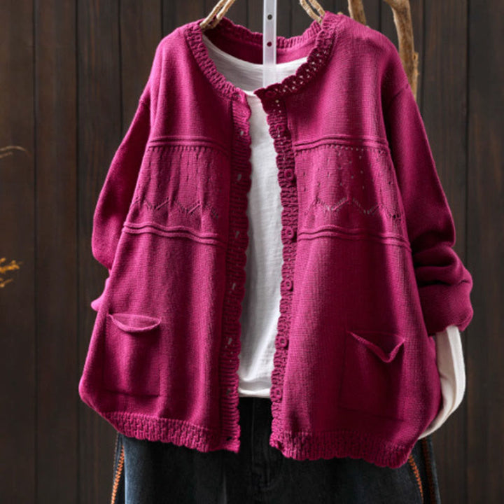 Sweter kardigan z długim rękawem i kieszeniami z dzianiny Buddha Stones Fall Lace Buttons Cotton - DeepPink - US4-6, UK/AU8-10, EU36-38 (F) - image 18