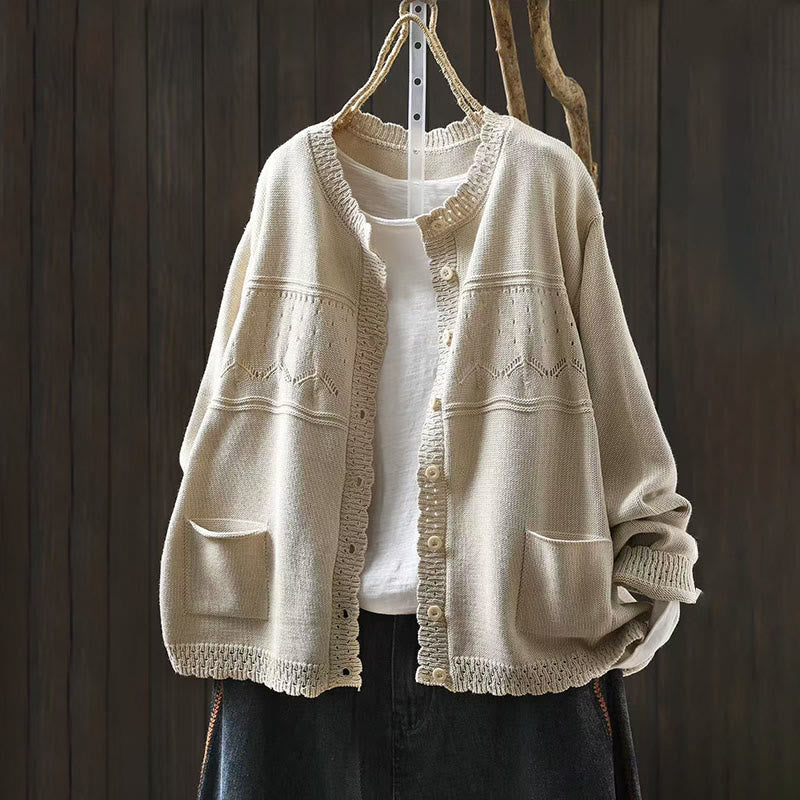 Sweter kardigan z długim rękawem i kieszeniami z dzianiny Buddha Stones Fall Lace Buttons Cotton - Muszla - US4-6, UK/AU8-10, EU36-38 (F) - image 14