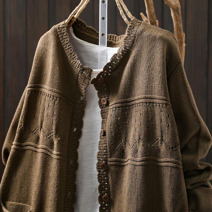 Sweter kardigan z długim rękawem i kieszeniami z dzianiny Buddha Stones Fall Lace Buttons Cotton - image 22
