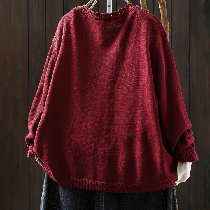 Sweter kardigan z długim rękawem i kieszeniami z dzianiny Buddha Stones Fall Lace Buttons Cotton - image 2
