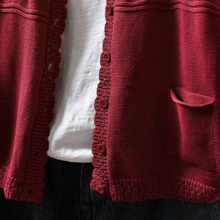 Sweter kardigan z długim rękawem i kieszeniami z dzianiny Buddha Stones Fall Lace Buttons Cotton - image 7