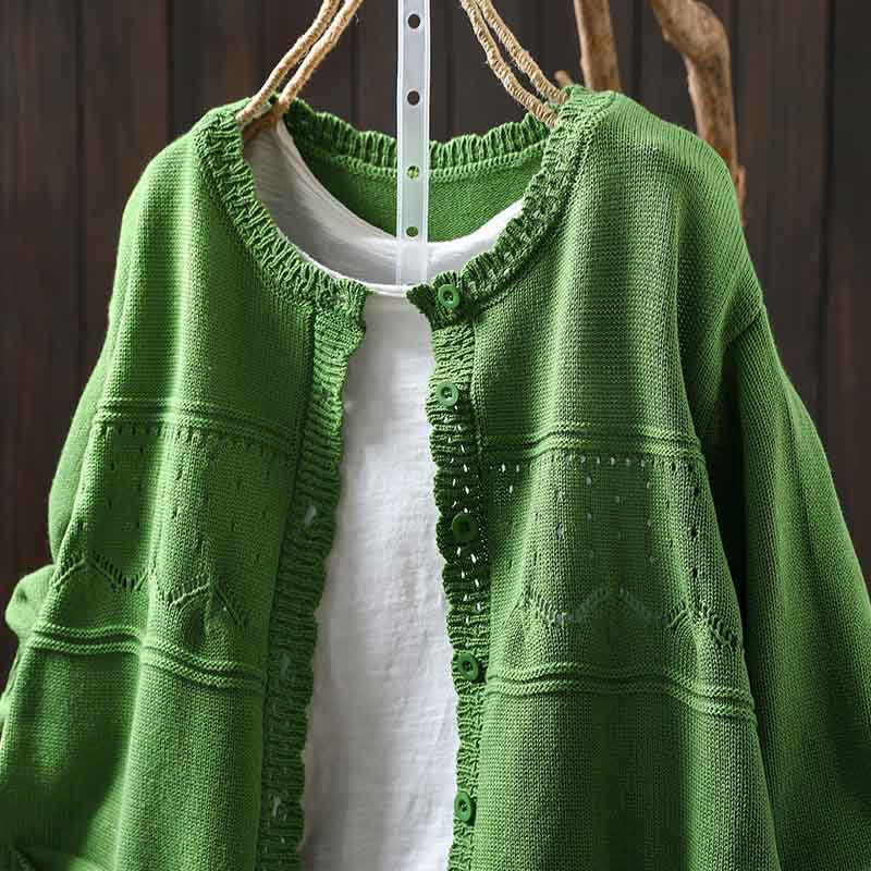 Sweter kardigan z długim rękawem i kieszeniami z dzianiny Buddha Stones Fall Lace Buttons Cotton - image 25