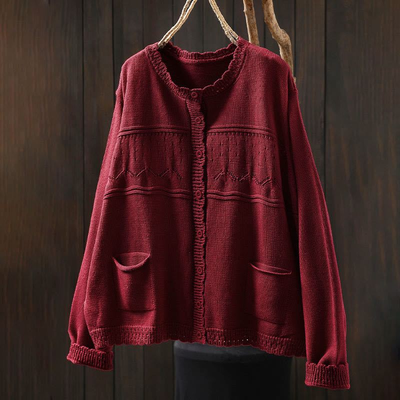 Sweter kardigan z długim rękawem i kieszeniami z dzianiny Buddha Stones Fall Lace Buttons Cotton - image 1