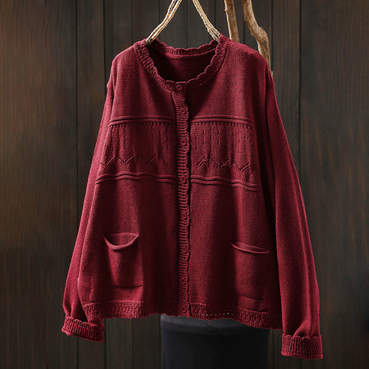 Sweter kardigan z długim rękawem i kieszeniami z dzianiny Buddha Stones Fall Lace Buttons Cotton - image 1