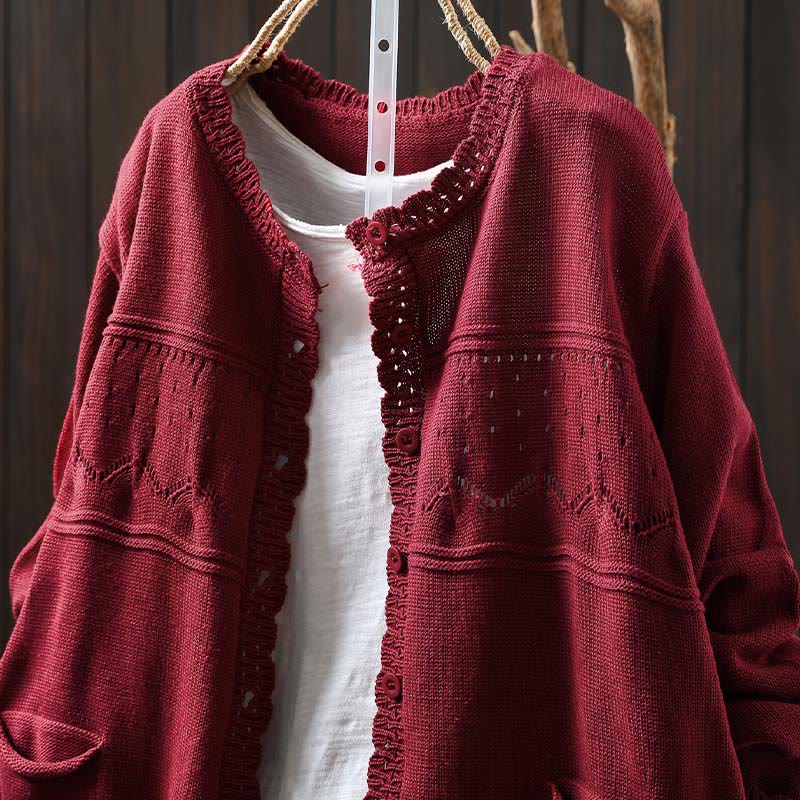Sweter kardigan z długim rękawem i kieszeniami z dzianiny Buddha Stones Fall Lace Buttons Cotton - image 3