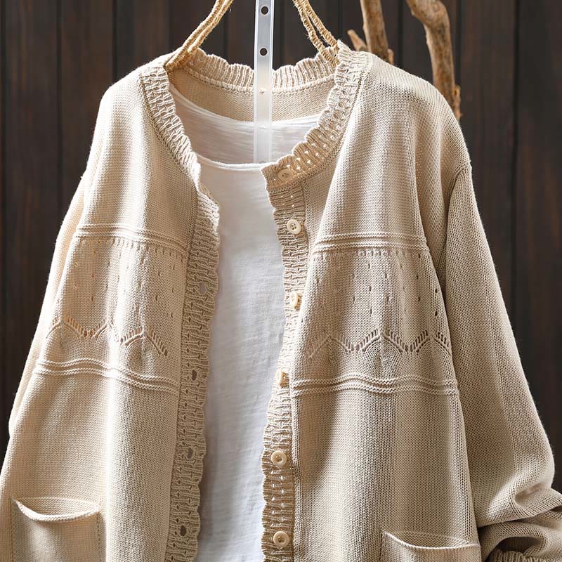 Sweter kardigan z długim rękawem i kieszeniami z dzianiny Buddha Stones Fall Lace Buttons Cotton - image 15