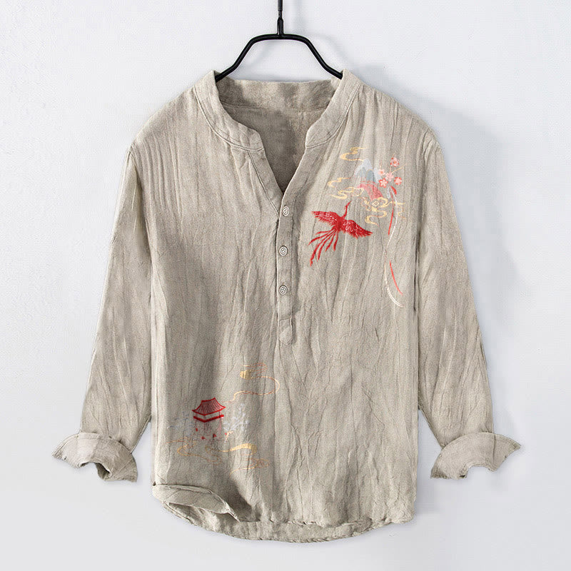 Koszula męska z długim rękawem z bawełny i lnu, z motywem Buddha Stones i pawilonów feniksa, zapinana na pół guziki - Bielizna - US/UK/AU50, EU60 (5XL) - image 3