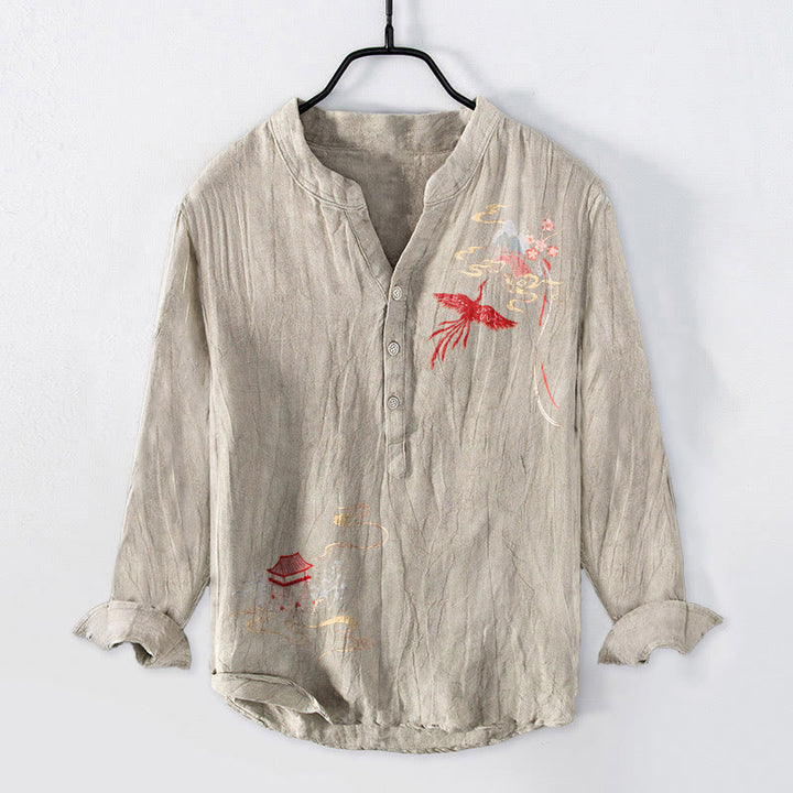 Koszula męska z długim rękawem z bawełny i lnu, z motywem Buddha Stones i pawilonów feniksa, zapinana na pół guziki - Bielizna - US/UK/AU50, EU60 (5XL) - image 3