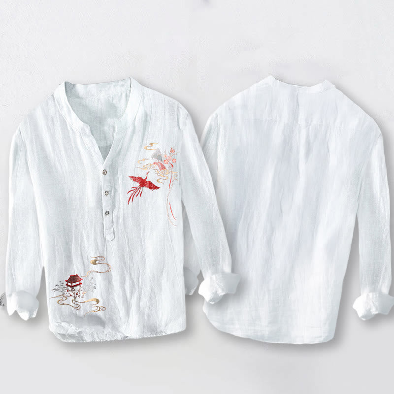 Koszula męska z długim rękawem z bawełny i lnu, z motywem Buddha Stones i pawilonów feniksa, zapinana na pół guziki - image 8