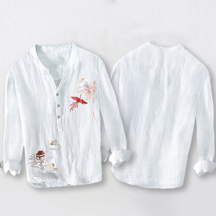 Koszula męska z długim rękawem z bawełny i lnu, z motywem Buddha Stones i pawilonów feniksa, zapinana na pół guziki - image 8