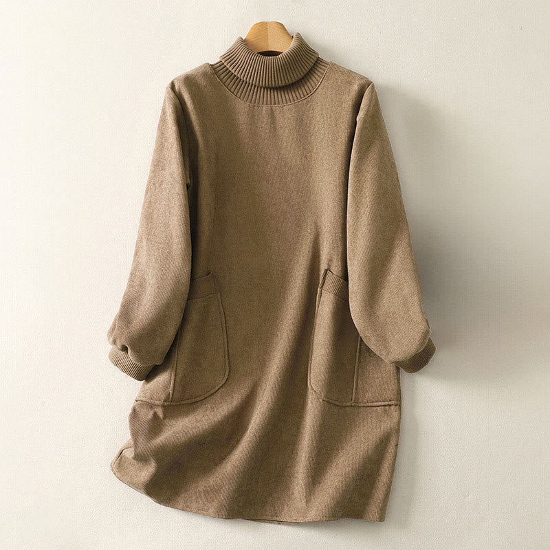 Sukienka midi damska z długim rękawem i kieszeniami, zimowa, bawełniana, z wysokim kołnierzem i Buddha Stones - BurlyWood - US14, UK/AU18, EU46 (2XL) - image 1