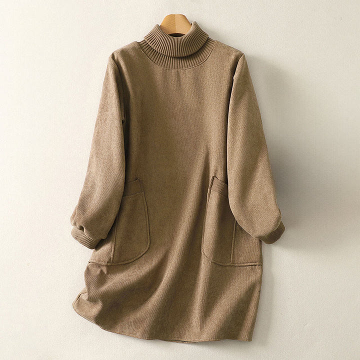 Sukienka midi damska z długim rękawem i kieszeniami, zimowa, bawełniana, z wysokim kołnierzem i Buddha Stones - BurlyWood - US14, UK/AU18, EU46 (2XL) - image 1