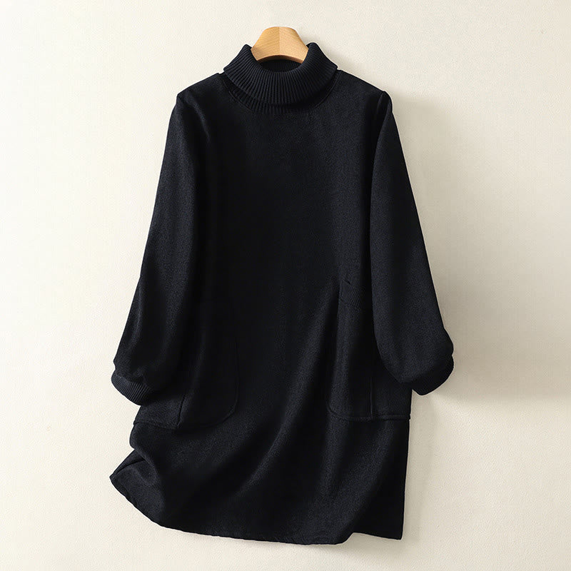 Sukienka midi damska z długim rękawem i kieszeniami, zimowa, bawełniana, z wysokim kołnierzem i Buddha Stones - Czarny - US14, UK/AU18, EU46 (2XL) - image 21