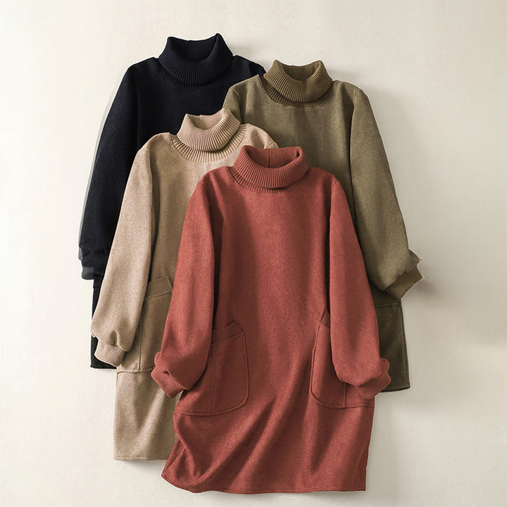 Sukienka midi damska z długim rękawem i kieszeniami, zimowa, bawełniana, z wysokim kołnierzem i Buddha Stones - image 0