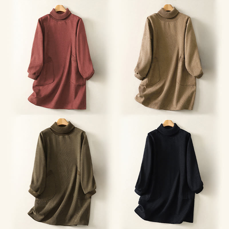 Sukienka midi damska z długim rękawem i kieszeniami, zimowa, bawełniana, z wysokim kołnierzem i Buddha Stones - image 26