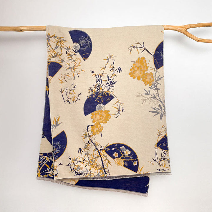 Zimowy wachlarz z motywem kwiatów piwonii z bambusa i Buddha Stones , przytulny szalik - image 1