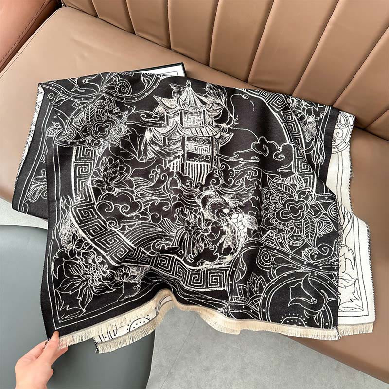 Buddha Stones, jesienny pawilon, kwiaty ryby Koi, fale, przytulny szalik - Czarny - 180*65 cm - image 4