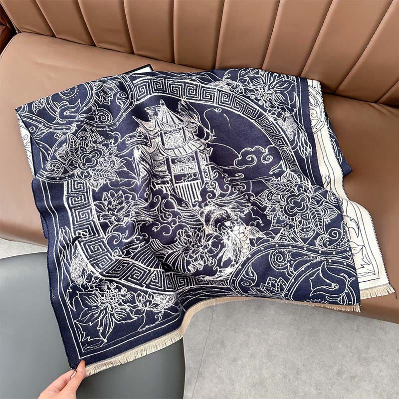 Buddha Stones, jesienny pawilon, kwiaty ryby Koi, fale, przytulny szalik - Stalowoniebieski - 180*65 cm - image 9