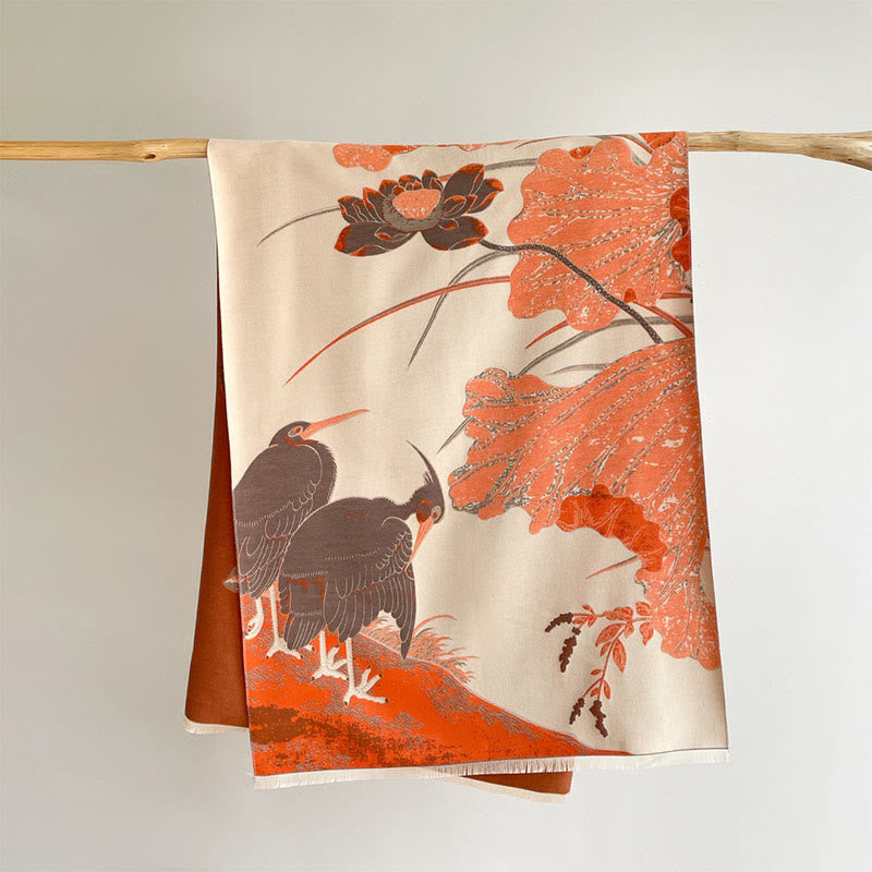 Buddha Stones Zima Bocian Ptaki Kwiaty Lotosu Liście Wzór Miękki Szalik Szal - image 1