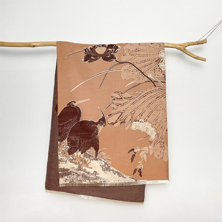 Buddha Stones Zima Bocian Ptaki Kwiaty Lotosu Liście Wzór Miękki Szalik Szal - SandyBrown - 180*65 cm - image 12