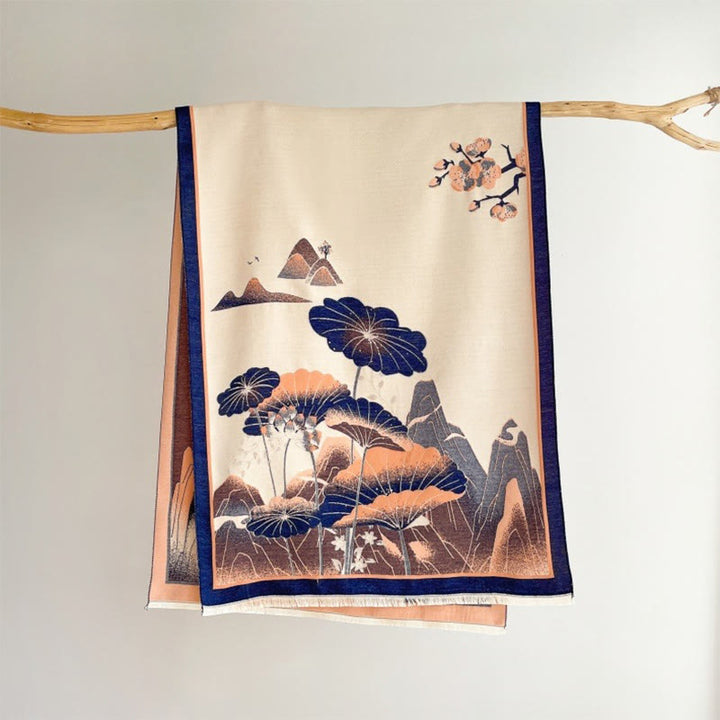 Buddha Stones Zima Góra Kwiaty Lotosu Liście Wzór Miękki Szalik Szal - Marynarka wojenna - 180*65 cm - image 13