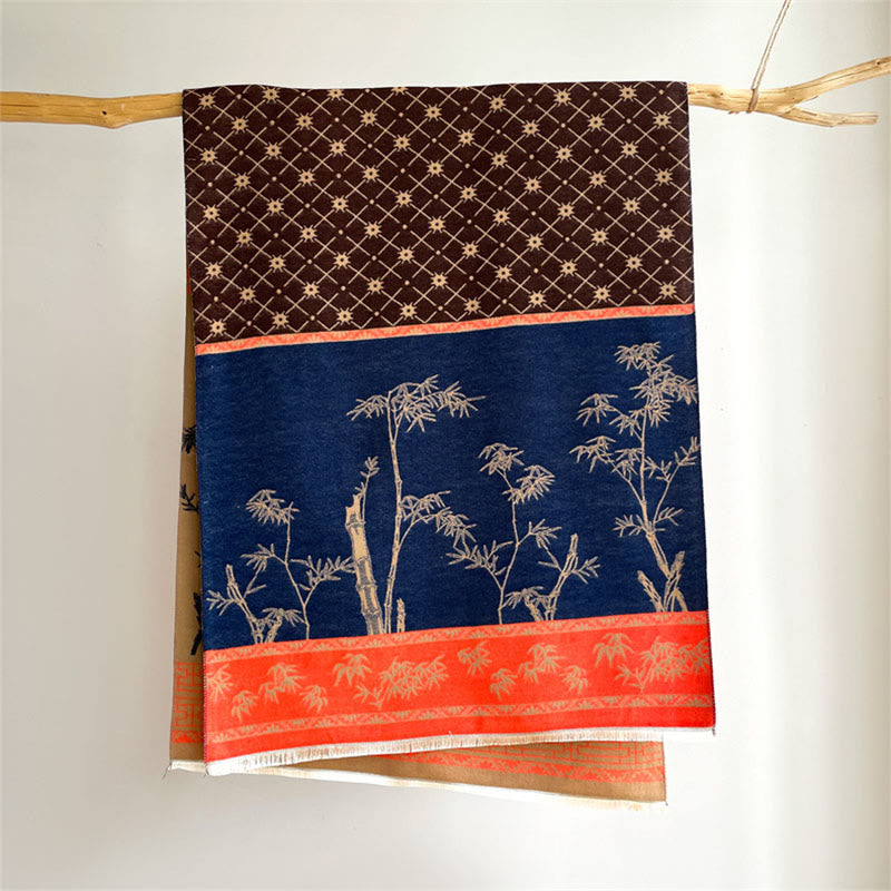 Buddha Stones Zimowy szal z motywem liści bambusa i małym ptakiem - image 5