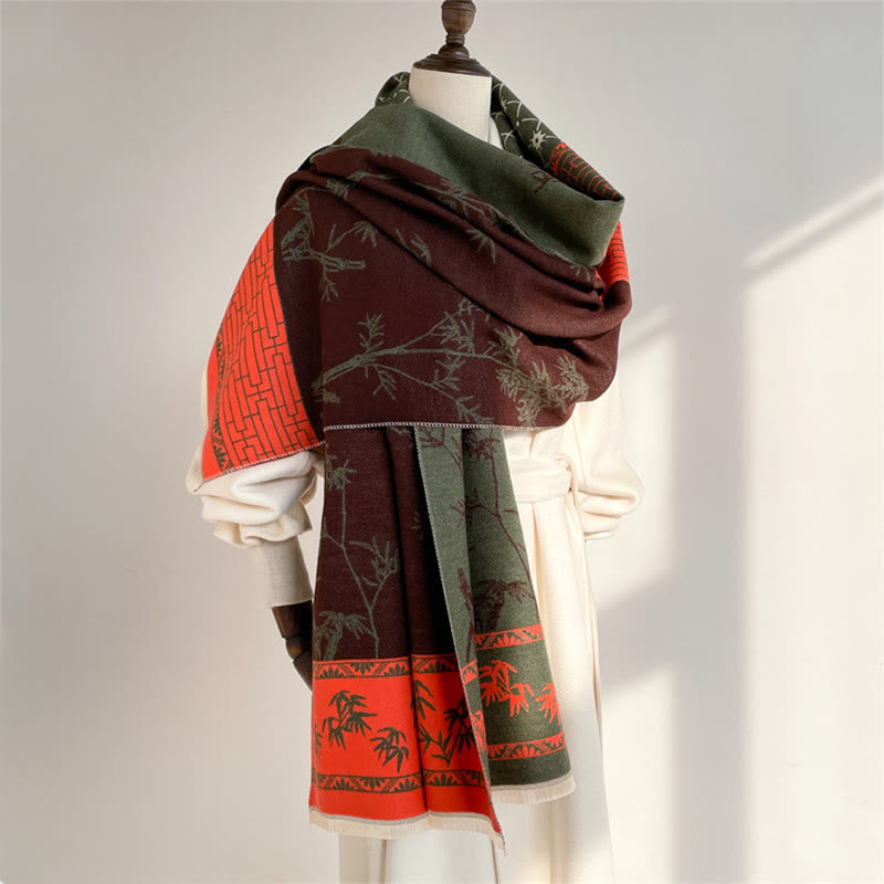 Buddha Stones Zimowy szal z motywem liści bambusa i małym ptakiem - image 10