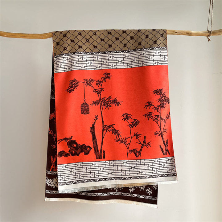 Buddha Stones Zimowy szal z motywem liści bambusa i małym ptakiem - image 15