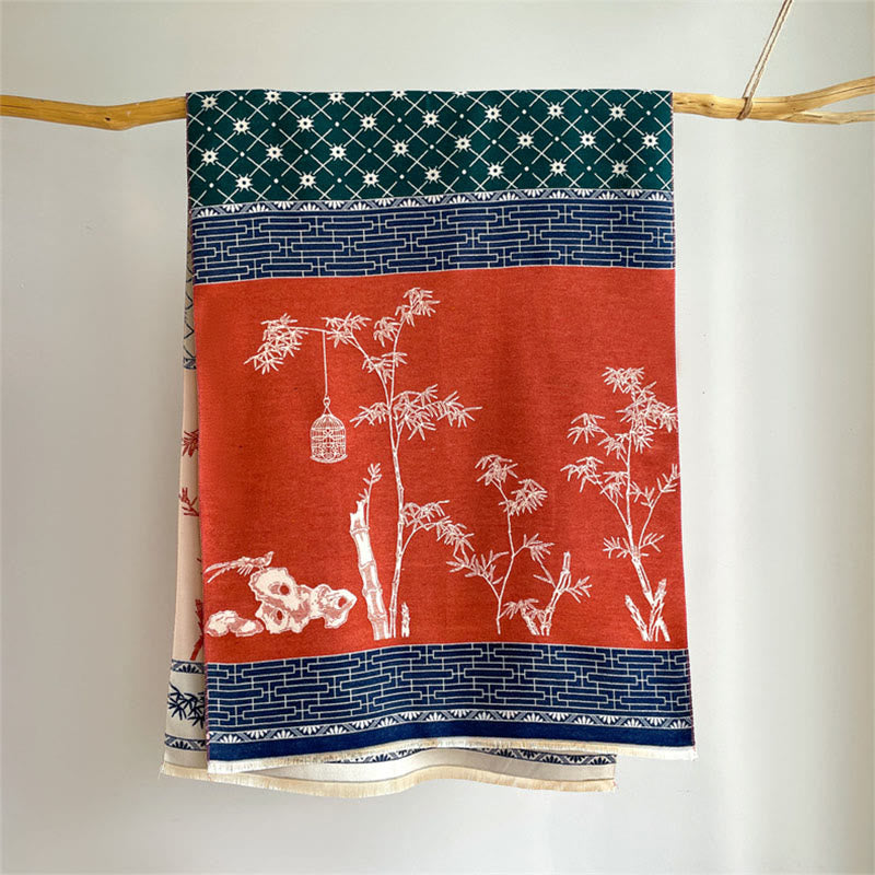 Buddha Stones Zimowy szal z motywem liści bambusa i małym ptakiem - image 1