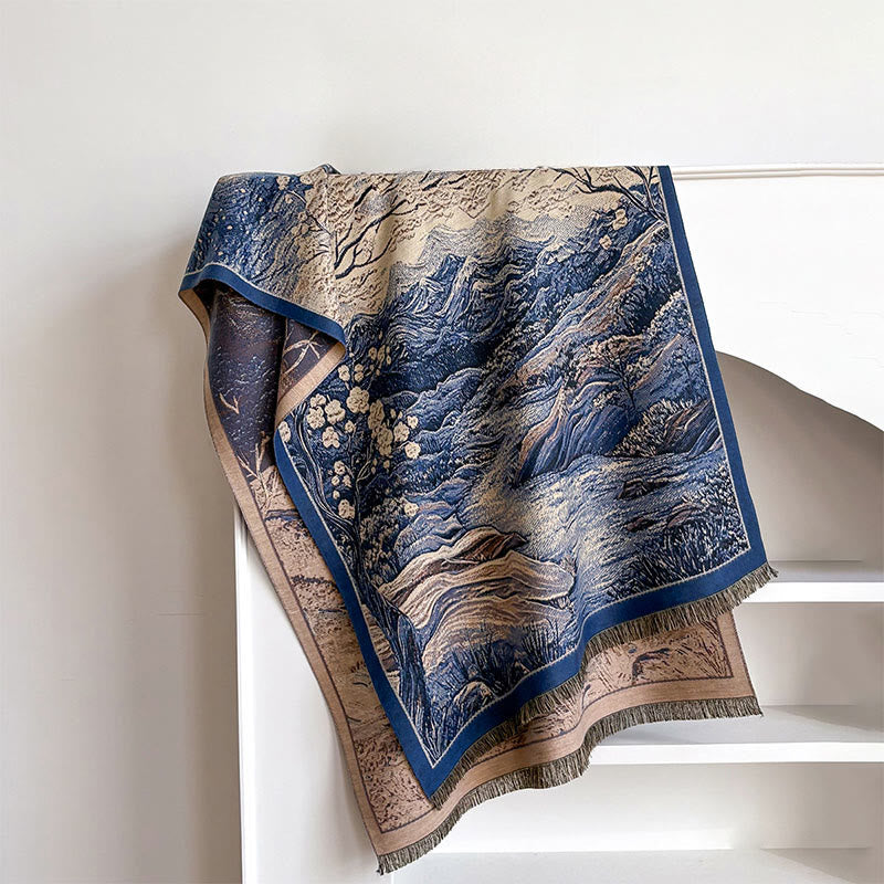 Buddha Stones Zimowy Gradient Kolor Ciepłe Wzgórza Drzewa Wzór Przytulny Szalik Szal - Stalowoniebieski - 185*65 cm - image 7