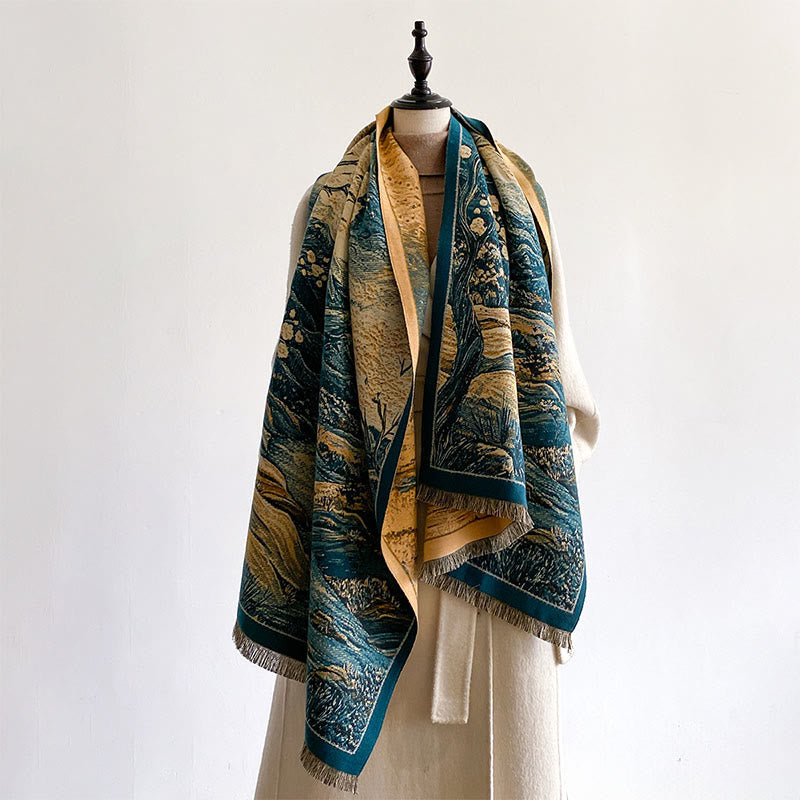 Buddha Stones Zimowy Gradient Kolor Ciepłe Wzgórza Drzewa Wzór Przytulny Szalik Szal - image 3