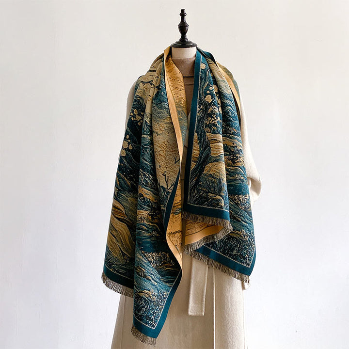 Buddha Stones Zimowy Gradient Kolor Ciepłe Wzgórza Drzewa Wzór Przytulny Szalik Szal - image 3