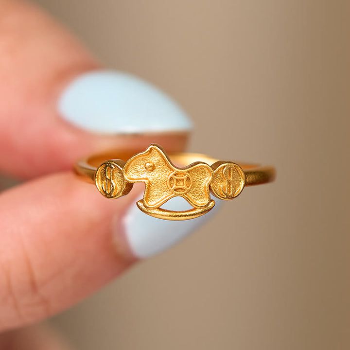 Buddha Stones Rok Konia 24k pozłacany mosiądz miedź moneta regulowany pierścień - image 3