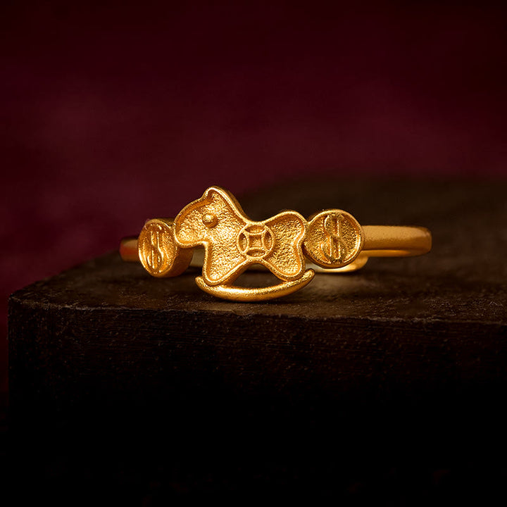 Buddha Stones Rok Konia 24k pozłacany mosiądz miedź moneta regulowany pierścień - Nastawny - image 0