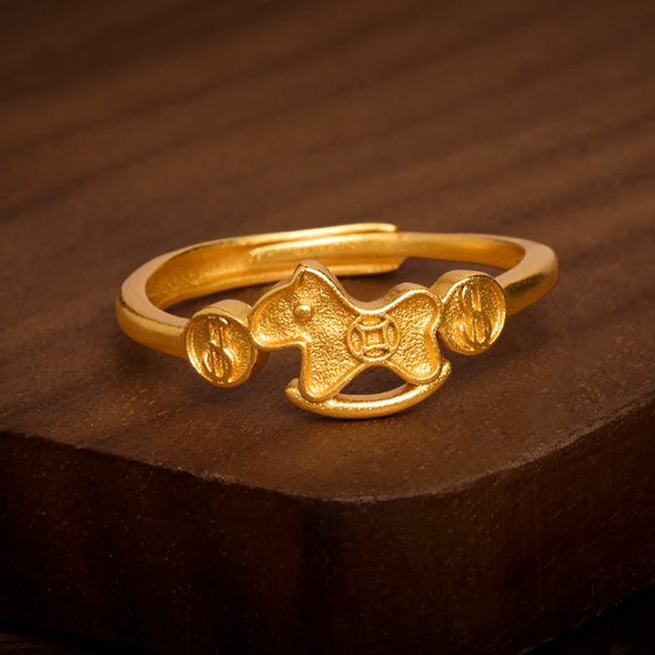 Buddha Stones Rok Konia 24k pozłacany mosiądz miedź moneta regulowany pierścień - image 1