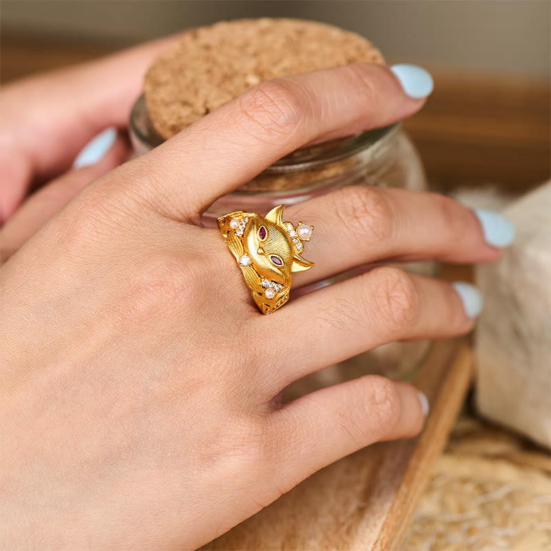 Pierścień regulowany z Buddha Stones z motywem głowy lisa, 24-karatowe złoto, mosiądz - image 5